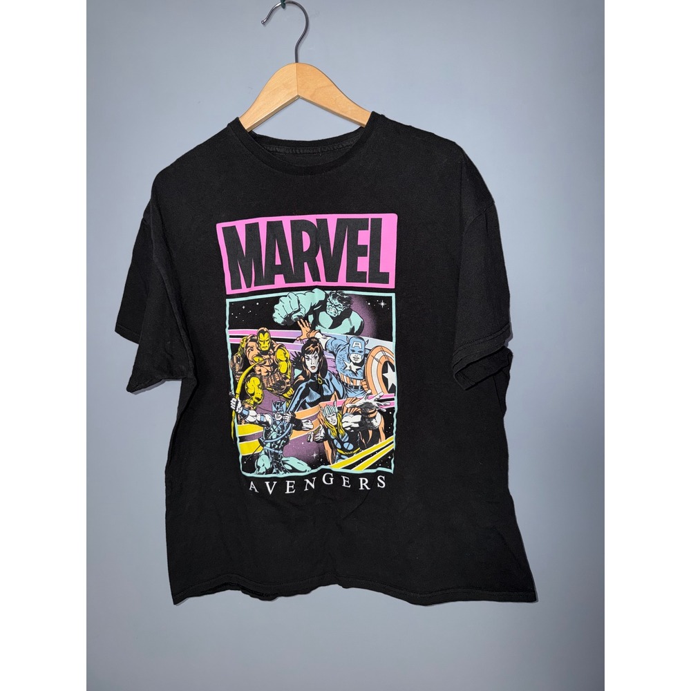 Marvel Avengers Graphic T-Shirt‎ Mens XL Black Neon Retro Comic Book Tee